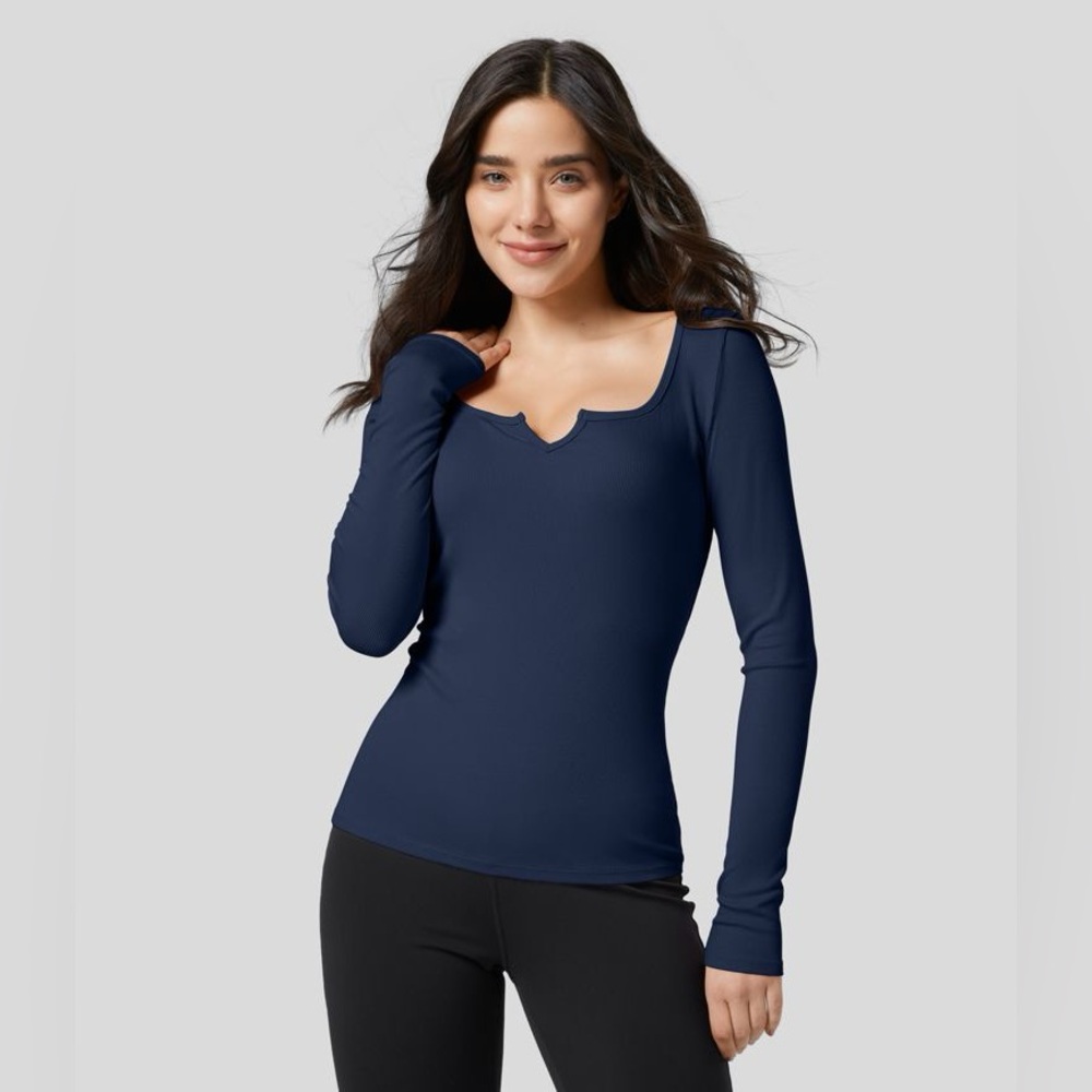 NWT Halara Ribbed Notch Scoop Neck Long Sleeve Slim Casual Top Medium